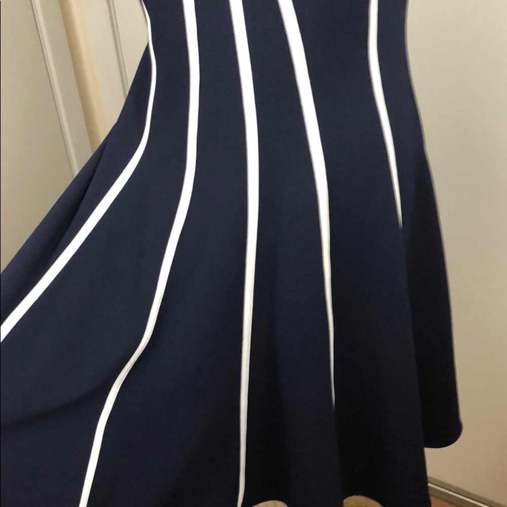 Navy Pleated Dress with White Ribbing - Picture 2 of 5
